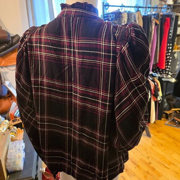 Black plaid flannel shirt with frills L (8-10) - Picture 3 of 8